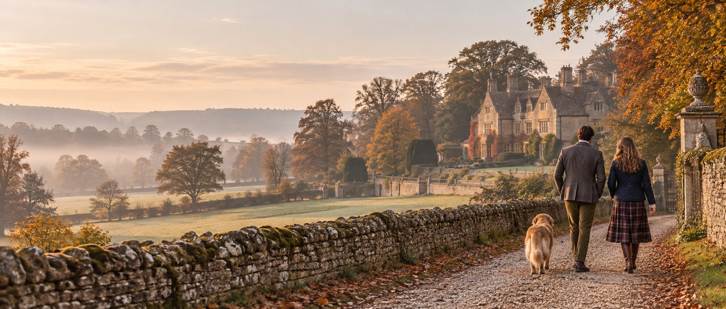 Brackwell tweed and knitwear on a Cotswold country lane on an autumn morning